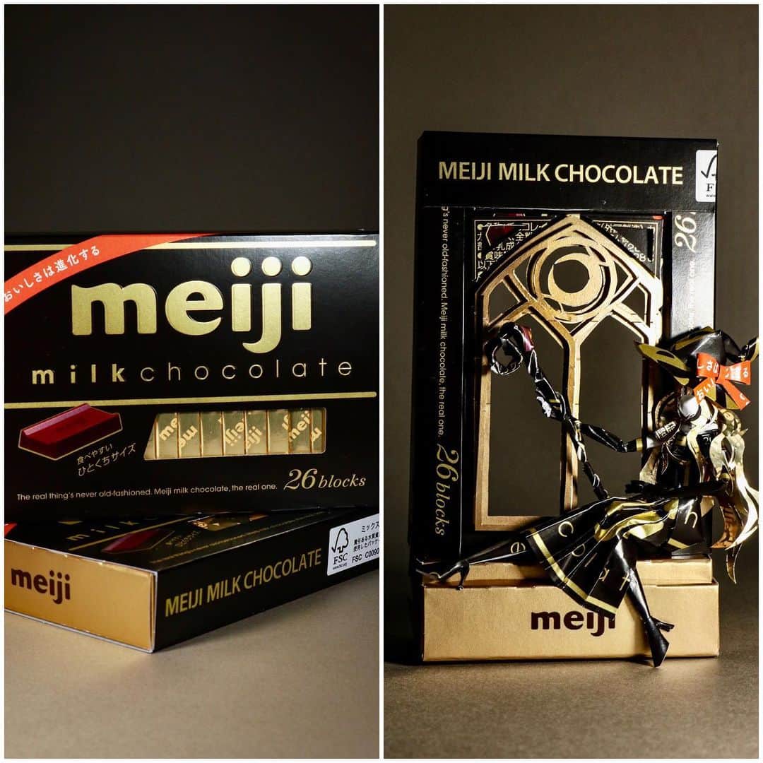 はるきるのインスタグラム：「明治ミルクチョコレートの空箱で工作しました！  #空箱職人はるきる #はるきる　#パッケージアート　#ハンドメイド #ペーパークラフト #明治 #art #artist #chocolate  #meiji #harukiru #handmade」