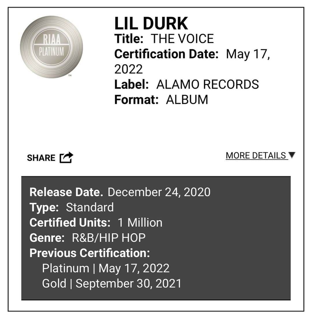 のインスタグラム：「RIAA Certified Platinum💿 Lil Durk "The Voice" Single & Album 1Million Units」