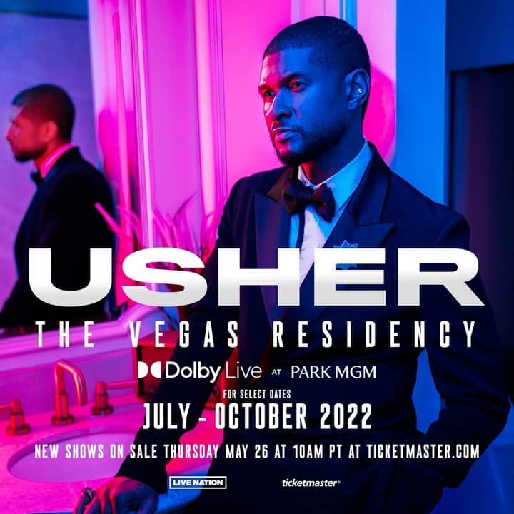 アッシャーのインスタグラム：「By popular demand I’m adding 2 new shows to my Vegas residency September 7 & October 12! Tickets for the new shows on sale next Thursday May 26. The fan presale starts tomorrow at 12pm PT. Text PRESALE to (404) 737-1821 to get the code. See you in Vegas! ticketmaster.com/ushervegas」
