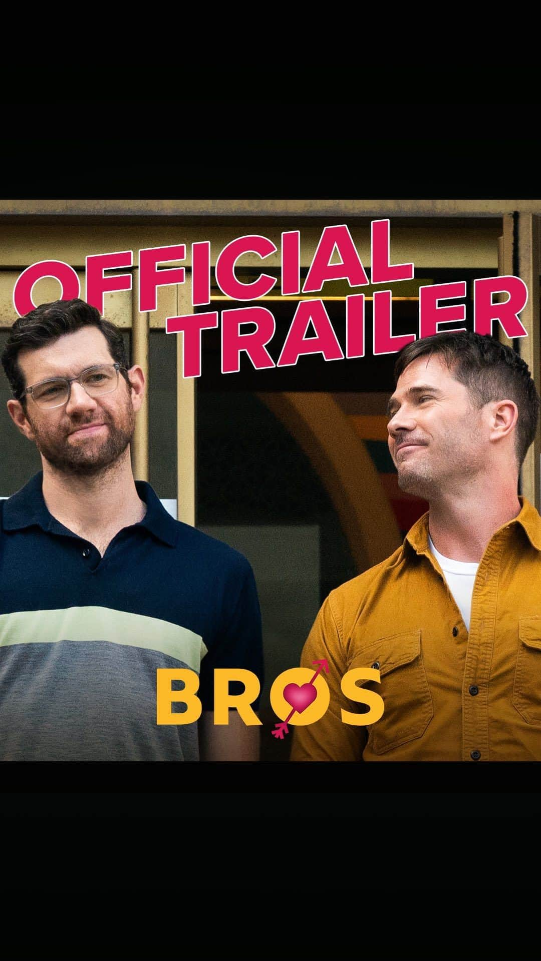 ビリー・エイチュナーのインスタグラム：「From the makers of BRIDESMAIDS, TRAINWRECK and FORGETTING SARAH MARSHALL…here’s the *OFFICIAL TRAILER* for BROS! A romantic comedy unlike any other. In theaters everywhere Sept 30!!! LET’S MAKE HISTORY!!!」