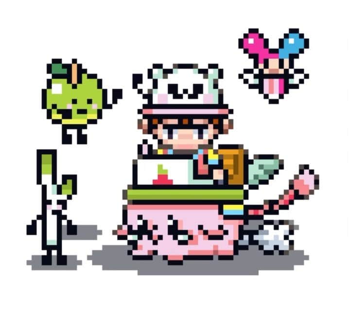 326のインスタグラム：「@fuzuzu   天才が似顔絵をドット絵で描いてくれたから 四十路のおじさんが 嬉しすぎてジャンプしとるよ  今年と来年で色々コラボして面白いのやりたいちおもっとる  好きなものが似とると説明する時間が短くて良い  歩幅合わせる必要もないしね  最高！」