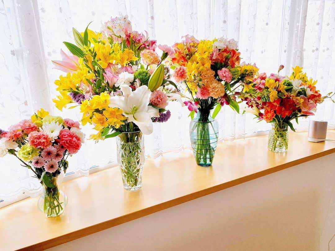 江川清音のインスタグラム：「いただいたたくさんのお花💐 アレンジしました😌 ⁡ ひとつの花瓶では間に合わなくて 大小様々なサイズを4つも使ってしまった🤭 ⁡ 美しい花たち🌼  “ありがとう”の気持ちを込めて… ⁡ #フラワーアレンジメント #フラワーアーティスト #花束 #美しい花たち #たくさんの #ありがとう #🍀」