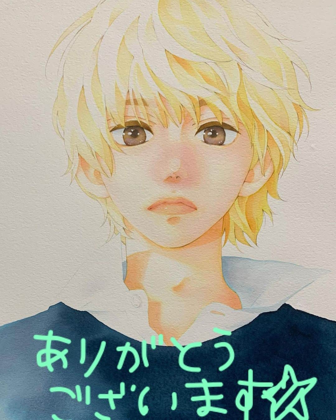 咲坂伊緒のインスタグラム：「4巻カバー、加工前のアナログ絵バージョンです　髪の毛の色はひよこ色をイメージして塗ってました🐥」
