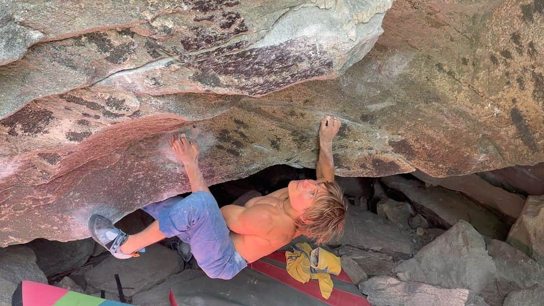 アレックス・メゴスのインスタグラム：「Shallow Water to Riverbed (8B+). It's been 8 years since I've been to Magic Wood. Back in 2014 @wizfineron and I had a dirtbag trip for a couple of weeks. I remember trying the low start to Riverbed back then, but couldn't figure out the beginning.  This time I'm only here for a couple of days but an old project went down 😊.  Thanks for the support, team!   @patagonia_climb @petzl_official @tenayaclimbing @cafekraft_nuernberg @fazabrushes @frictionlabs #stylefirst #carrotsforpower  Video: @michaelakiersch」