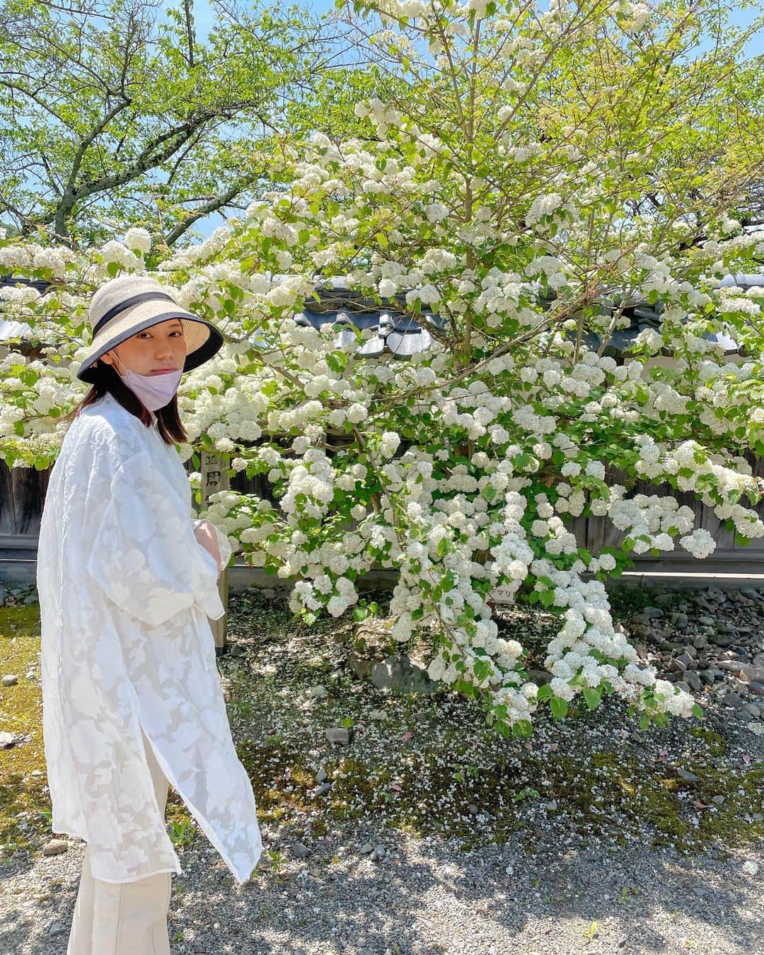 松山愛里のインスタグラム：「. 少し前に福島県会津若松市に行ってきました🍃  会津武家屋敷で会津の歴史と文化に触れて。 敷地内にはたくさんの綺麗なお花が咲いていました🌼 真っ白な丸いお花はオオデマリというそうです🤍可愛い☺️  鶴ヶ城の中もゆっくり見学して🏯 会津弁に癒されて🐮 美味しい喜多方ラーメンを食べて🍜  東山温泉と芦ノ牧温泉にも行けたので たっぷりの自然に癒された旅でした〜♨️🌿✨ #福島 #会津若松」