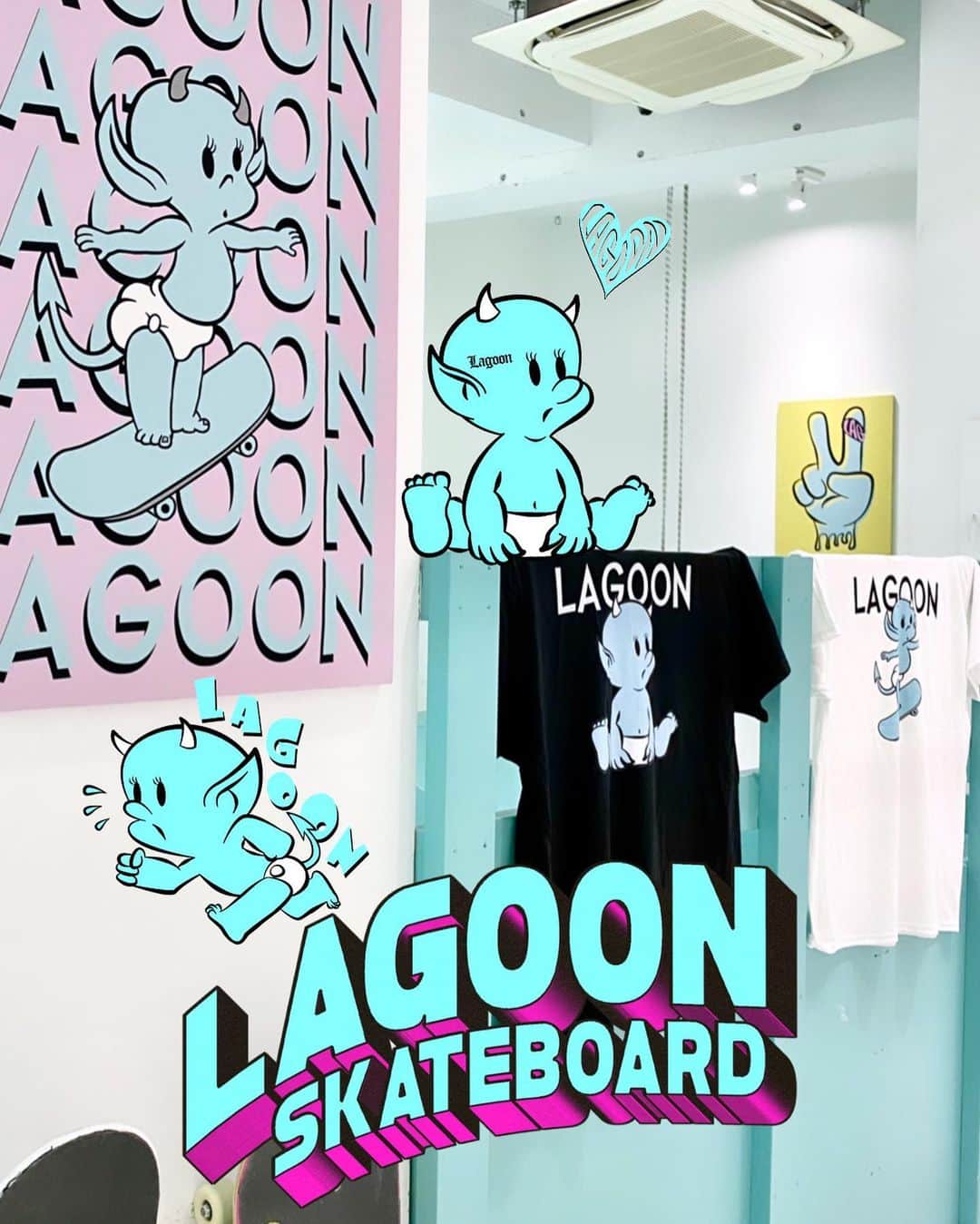 JOYSTICKKのインスタグラム：「. 去年から LAGOONの内装、ロゴ、アート、アイコンキャラクターを考えて作ってきて やっとこうやってカタチにできて それを友達や初めましての人達に体感してもらい さらに運営の難しさや面白さを日々学ぶことができてます  スケボースクールを作るというより うまいヘタ関係なく LAGOONを通じて絆が生まれたり みんなで沢山笑って遊べる空間を作りたい  デザインはあくまでただのツールであって 大事なのはその空間を作ること  みんな日々色んなことで悩んだり傷付いたりしながら必死に生きてると思うけど いちばん欲しいものは「笑って過ごせること」だと思う  全ては愛ってことで✌🏼💙💚  @lagoon_sk8」