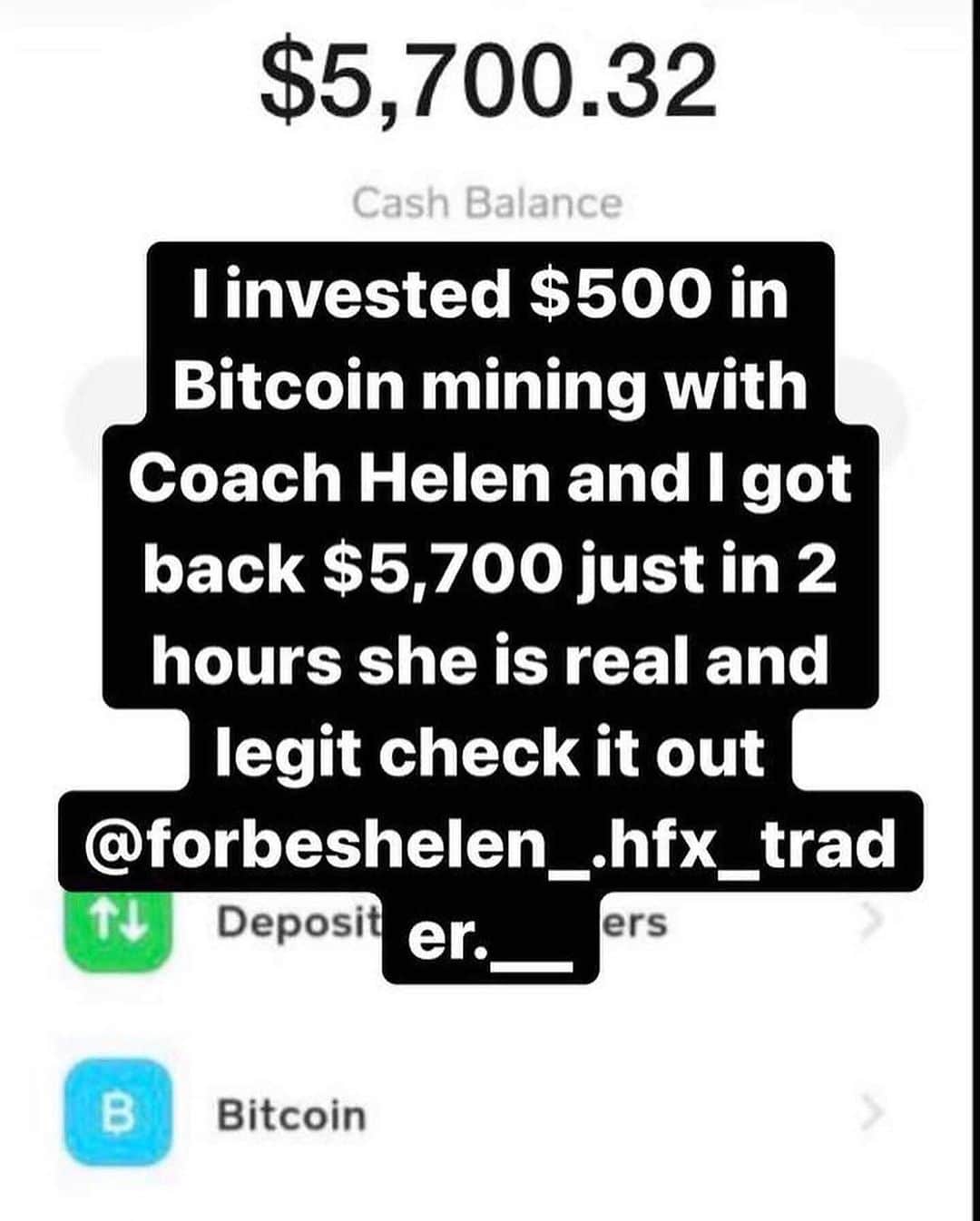 Mark Bardeiのインスタグラム：「So I started with investing $500 into bitcoin mining with this lady  @forbeshelen_.hfx_trader.__ she’s a professional Bitcoin miner and she  mines my bitcoins for me and within 2hours I got back profit of $5,700. it's so real and 100% legit, I have earn and made a successful withdrawal into my bank account, If you're interested send her a dm on how to get started @forbeshelen_.hfx_trader.__ @forbeshelen_.hfx_trader.__ @forbeshelen_.hfx_trader.__ @forbeshelen_.hfx_trader.__」