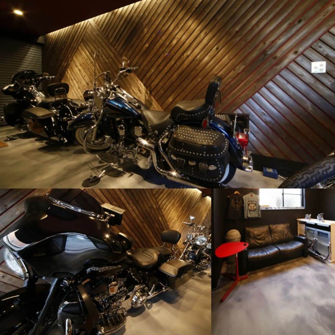 k-industrialのインスタグラム：「ハーレーのガレージです! 天井は、見えないけどワインレッドのレザーでダイヤステッチ柄、壁も正面から見るとスリットの奥は、ワインレッド! オーナーさんと一緒で イカついです（笑）  #ハーレー　#ガレージ　#川口市　#スポーツスター #バイクガレージ」