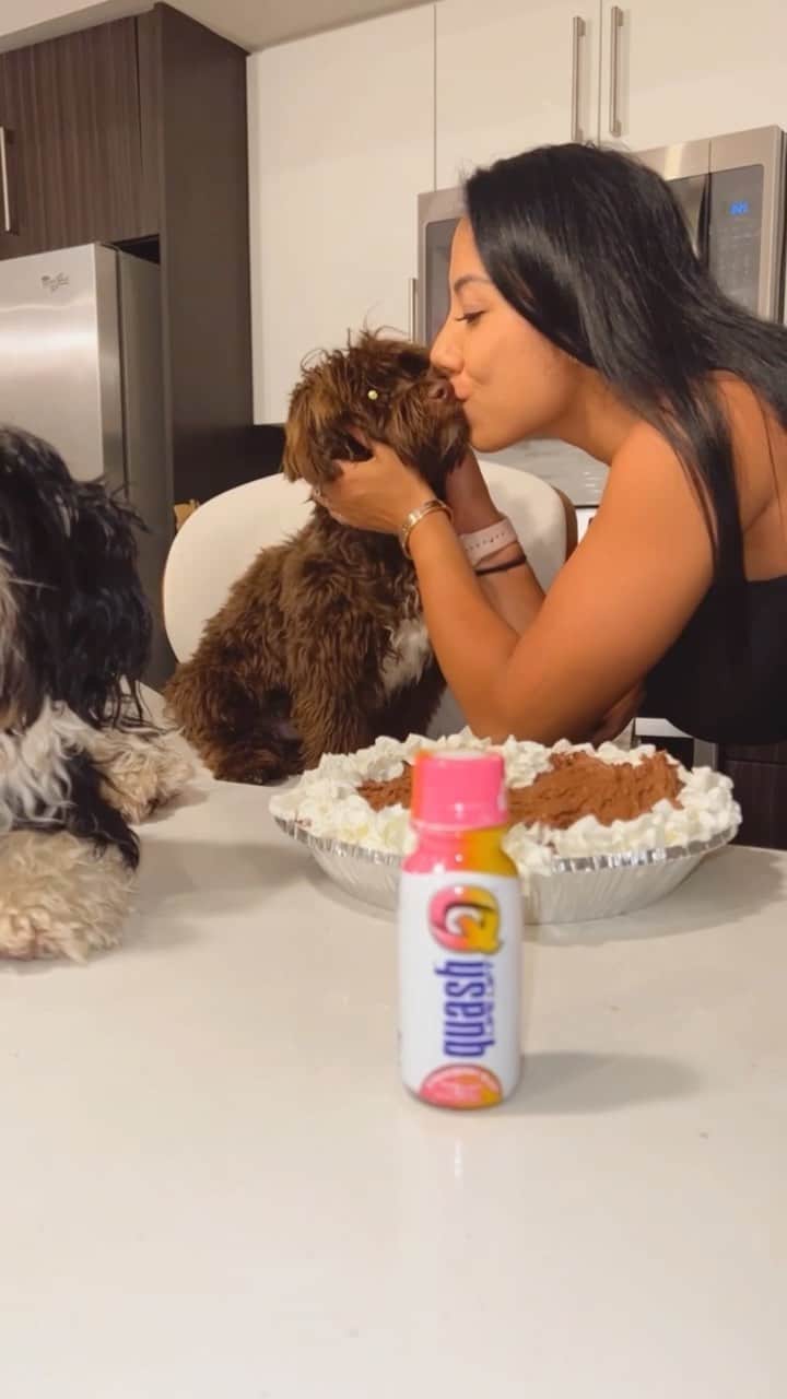 Eri Antonのインスタグラム：「Keto Chocolate Peanut Butter Cream Pie sponsored by @quash 🐶🐶💕 2 cups heavy whipping cream 1 cup coconut cream 2 8 oz block cream cheese 1 box sugar free chocolate pudding mix 1/4 cup cocoa powder 1 tsp vanilla 1 cup coconut sugar Blend ingredients together and pour into a graham cracker crust pie tin. Garnish with KETO whip cream. Enjoy with an ice cold @quash   Go to www.bangenergy.com and use ERI10 for a 10% discount #Quash #Quashlt #Ad」