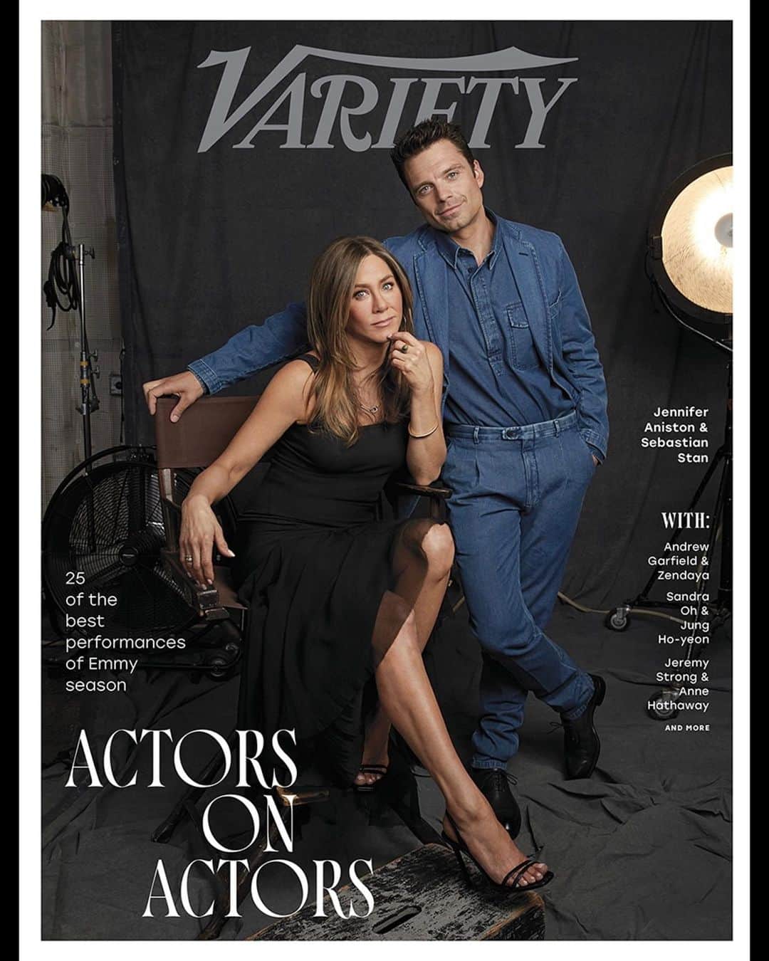セバスチャン・スタンのインスタグラム：「This was a moment that I’m still pinching myself about. Humbled and grateful to have met one of my favorite actors of all time. Thank you @jenniferaniston for being so generous and candid with me in our #ActorsOnActors talk and thank you @variety for making this dream come true. More to come this Thursday on variety.com.   📷: @alexilubomirski  Styling: @mjonf  Grooming: @jamie_grooming」