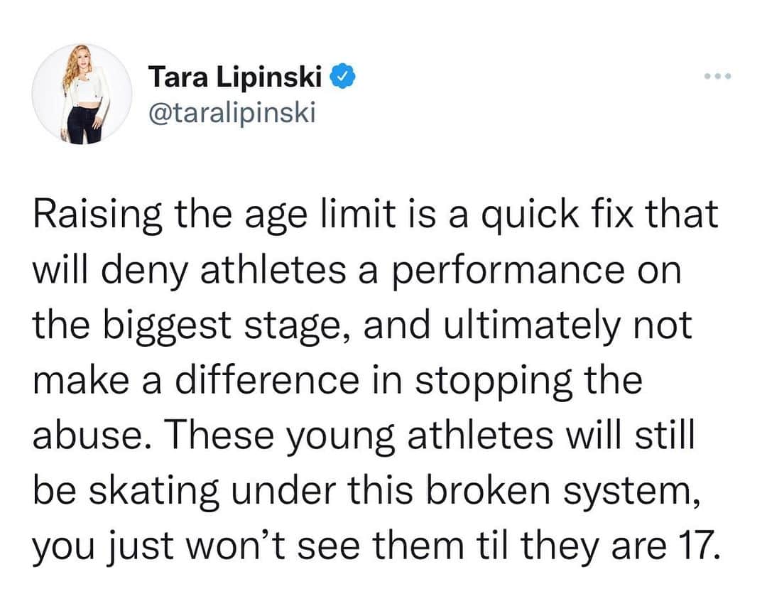 タラ・リピンスキーのインスタグラム：「This was the answer to systemic doping and abuse of these young athletes? It’s taken me some time to formulate my thoughts as this decision is baffling to me.   How does this rule protect these athletes? They’ve protected themselves from another future worldwide scandal that involves a 15 year old. But there will still be 15 year olds that are not eligible for senior competition that will continue to train under this same broken system. You just won’t see it. It just will be buried.」