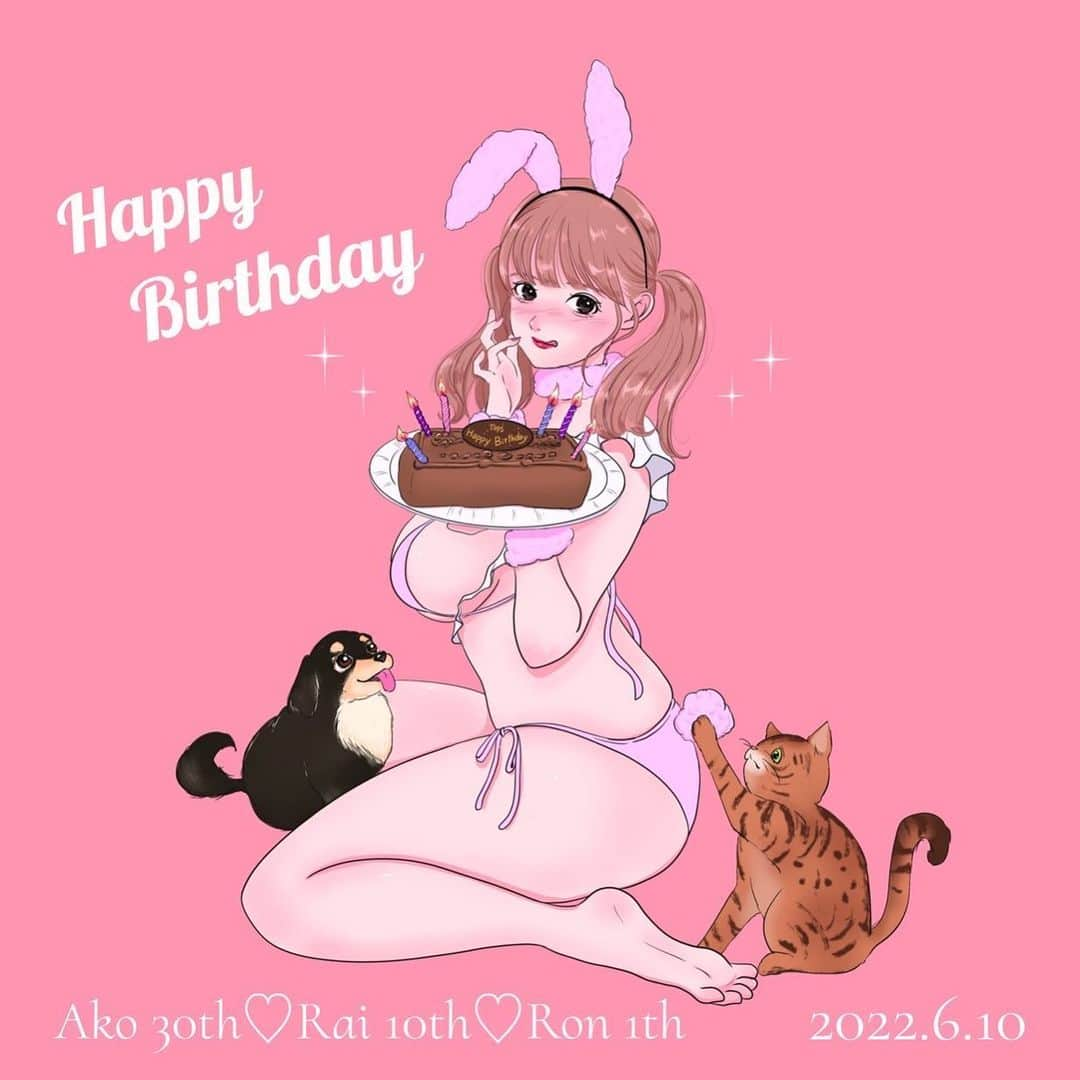 来栖あこさんのインスタグラム写真 - (来栖あこInstagram)「♥️ Akoとうとう30歳になりました〜😛💗🎂  これが誕生日限定Tシャツのデザインになります❣️ @_yurinsta_  さんthank you so much🐰🎀  #6月10日 #三十路 #ジャスサー」6月10日 0時12分 - akopai.081