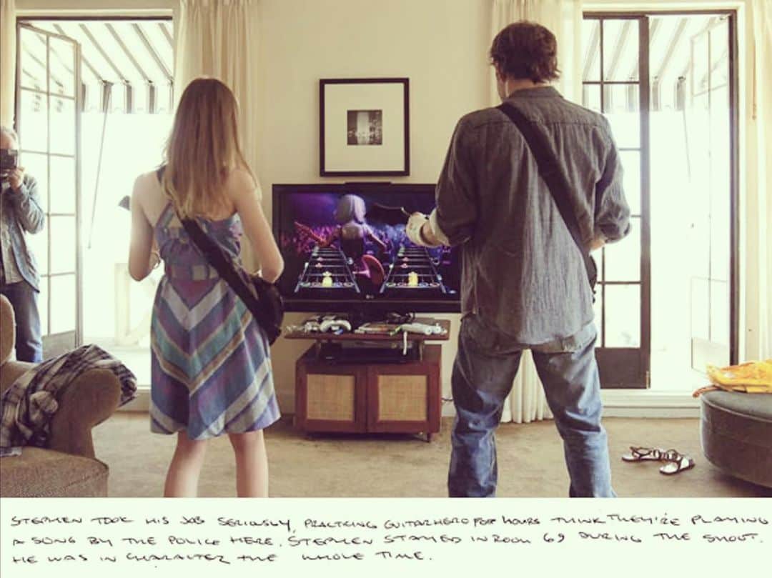 NKYMNのインスタグラム：「“Stephen took his job seriously, practicing Guitar Hero for hours — I think they’re playing a song by the Police here. Stephen stayed in Room 69 during the shoot. He was in character the whole time.” ㅤ source of a quote: https://www.wmagazine.com/gallery/sofia-coppola-somewhere-ss @wmag」
