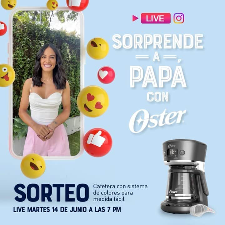 ヨハンナ・ソラノのインスタグラム：「Se acerca el Día del padre y qué mejor que sorprenderlo con uno de los mejores de los regalos!!? 🎁... Sorprendelo con una Cafetera Oster.  🎉 Junto con @ostercostarica te traemos este súper #sorteo! Una Cafetera Oster Programable con Sistema de colores.  Así, como yo, vos y tu papá también pueden disfrutar de un café delicioso con el sabor justo!  Participar es muy fácil 👇 💥Sigue a @ostercostarica 💥Dale amor con un “like” ❤ a este post.  💥Etiqueta a 2 o más personas en los comentarios.  Podés participar las veces que querás! 📍Sorteo válido para todo el país.  ❗❗Pero esto no es todo mis queridos amigos....❗❗ATENCIÓN 📣📣 porque el ganador 🏆 se comunicará en el LIVE que vamos estar haciendo el martes 14 de junio a las 7PM.  Y, como si fuera poco, se van a rifar otras 2 cafeteras más! 💯  🍀 Mucha suerte! Nos vemos! 🍀」