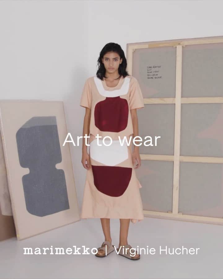 マリメッコのインスタグラム：「Art to wear – the first drop of our pre-fall 2022 is here. The French multidisciplinary artist Virginie Hucher brings an intimate and distinctly feminine approach to the world of Marimekko. The collaborative capsule of three dresses, a top and a skirt was created around five different paintings.   Learn more about Virginie and the pre-fall 2022 collection at marimekko.com. Link in bio. #marimekko #virginiehucher @virginie_hucher」