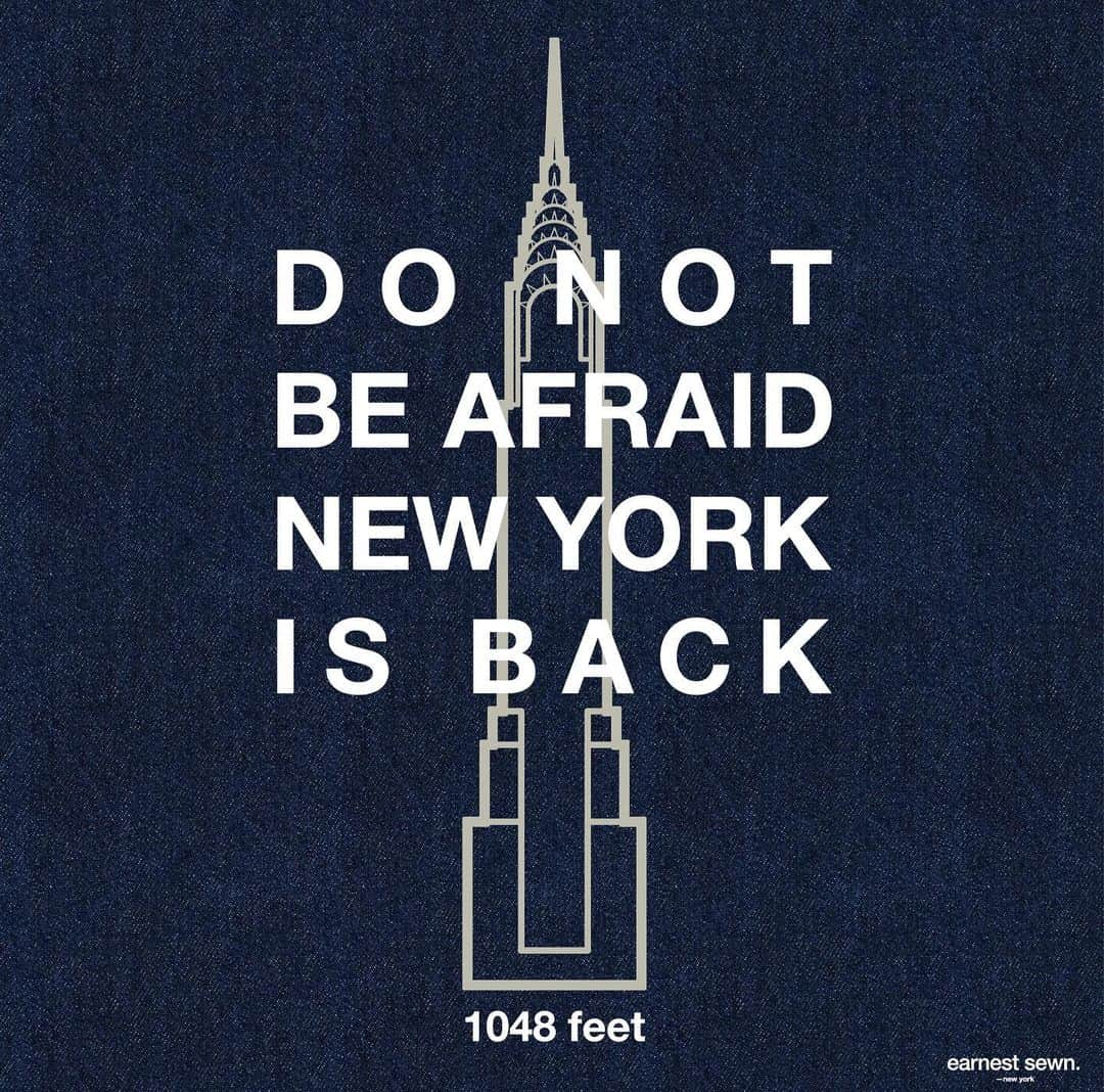 アーネストソーンのインスタグラム：「New York is making a comeback, don’t be afraid! 🔜🗽👀  . . .  #earnestsewn #esny #nyc #newyork #newyorkcity #newyorker #mood #coffee #goodmood #happy #love #tbt #brooklyn #empirestatebuilding #empirestate #chryslerbuilding #denim #denimjacket #denimstyle #denimlovers #denimhead #forever」