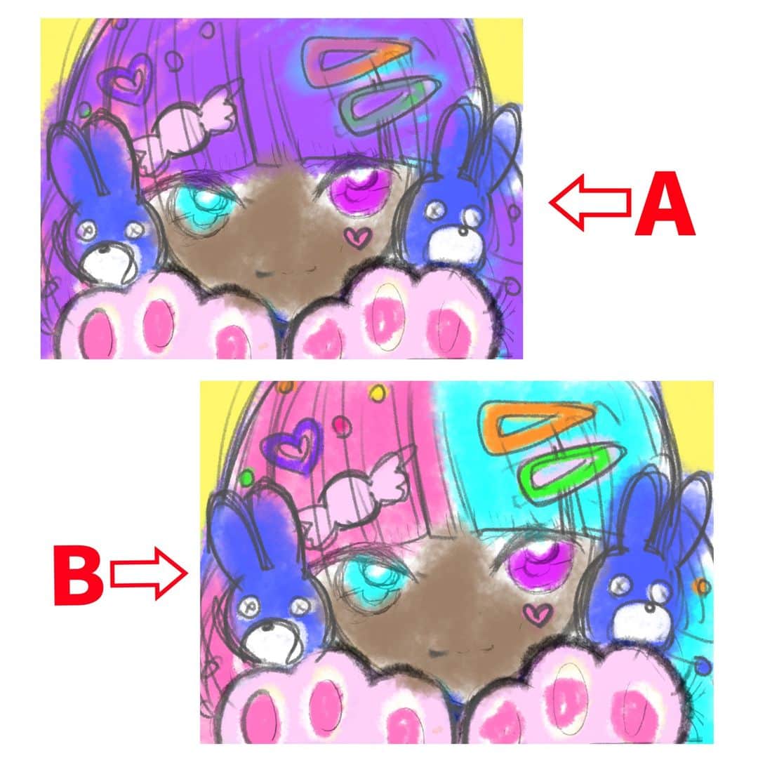 みのりんのインスタグラム：「Hey guys I need help! I'm sorry for this random sketch, but I am currently working on my next project, and I can't decide which one is better! Please comment below A or B!  次の動画の下書きなのですが、AとBで迷っているので、ぜひコメントお願いします！😭」