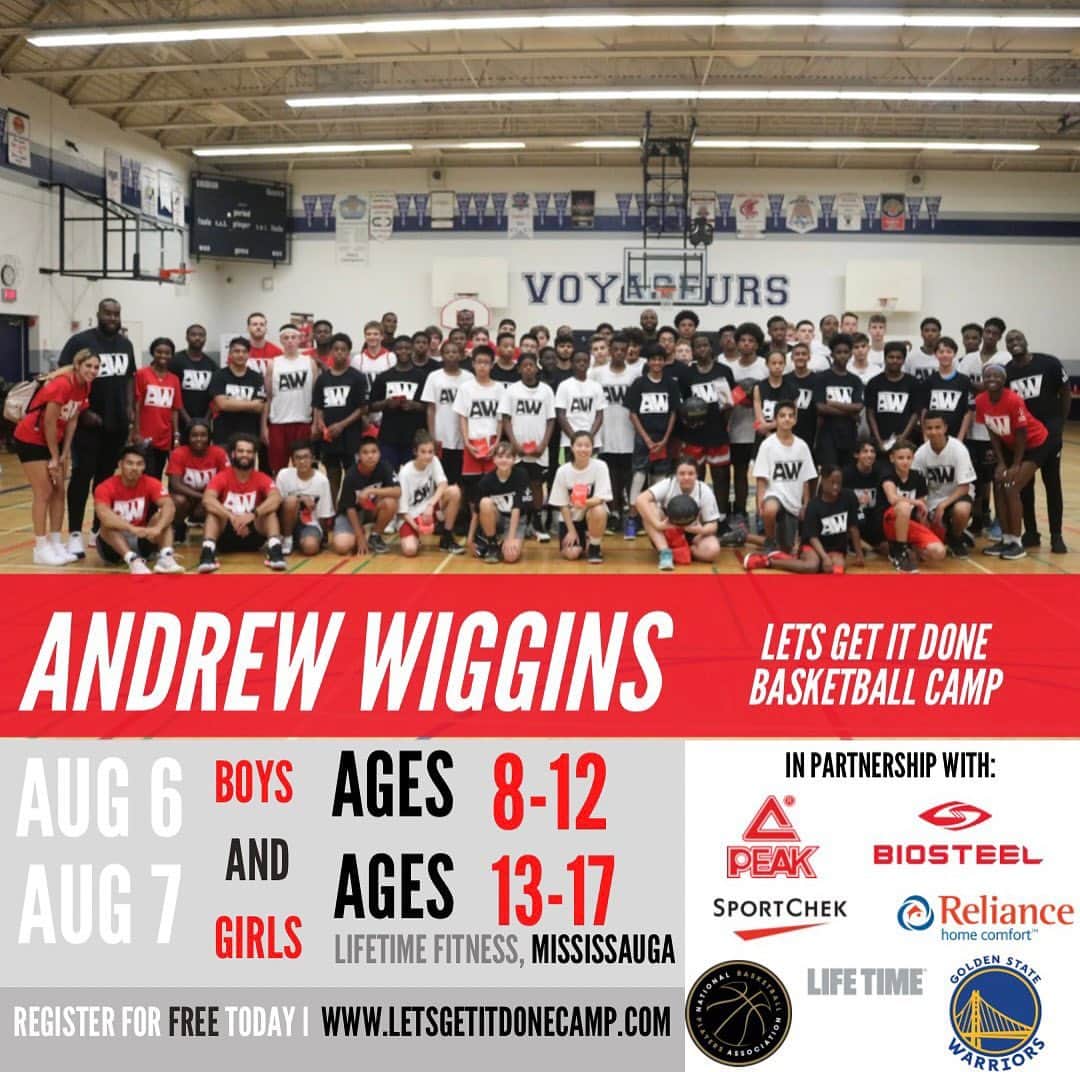 アンドリュー・ウィギンスのインスタグラム：「Proud to announce the third annual “Let’s Get It Done” Basketball Camp is coming back in Canada 🇨🇦 on August 6 and 7. This camp is completely FREE, so come out let’s have some fun and let’s work!  Sign up on www.letsgetitdonecamp.com for a chance to secure a spot !」
