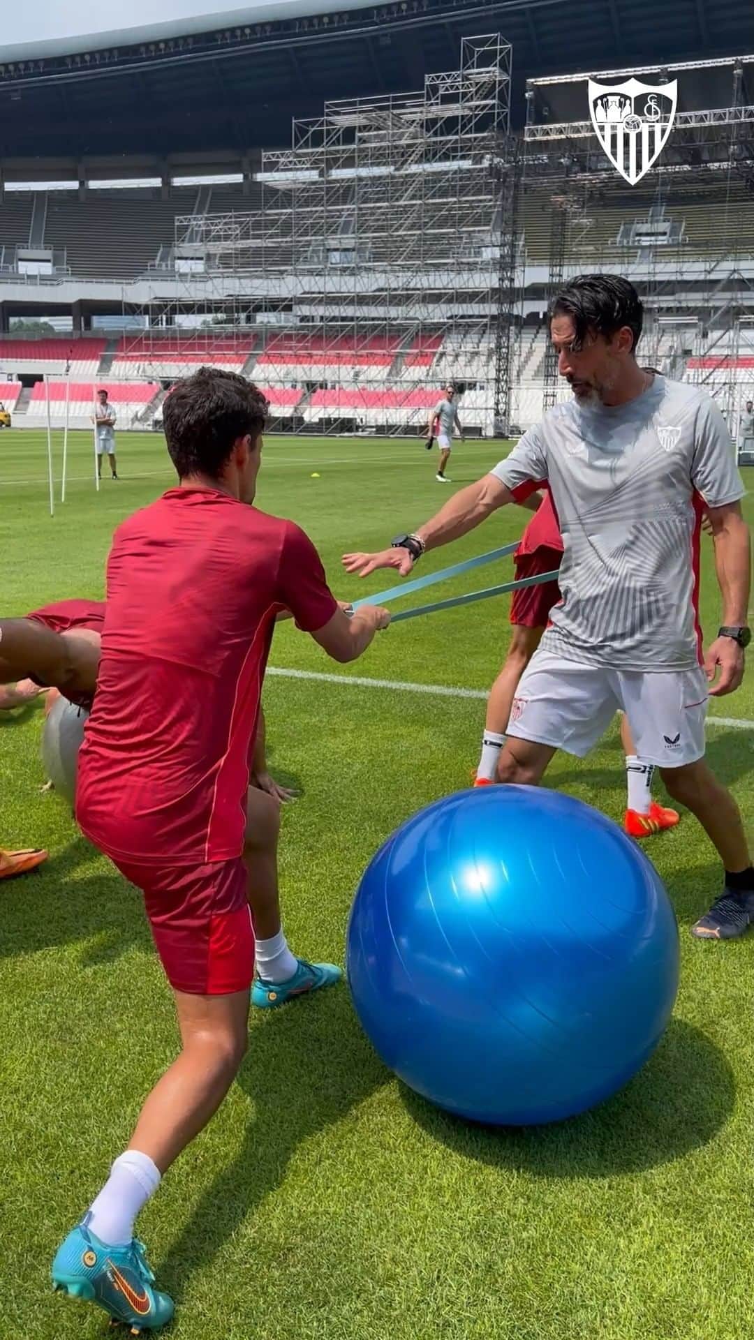 セビージャFCのインスタグラム：「leͤᴛⷮ'́s͛ geͤᴛⷮ рⷬhͪys͛iͥcͨaͣl 🏋️‍♂️🤸  #training #stayfit #korea #sevillafc #wearsevilla #nuncaterindas」