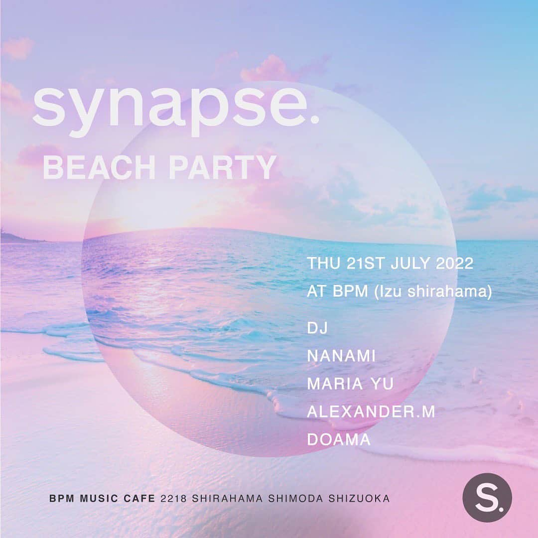 マリア友のインスタグラム：「７月21日 @synapse._tokyo  楽しみ過ぎる🌊❤️  Bpm Music Cafe 〒415-0012 静岡県下田市白浜２２１８ 0558-36-3633  https://g.co/kgs/Z3pX6P  #ビーチ#ビーチパーティー#beach#beachparty#techno#テクノ#パーティー#party#白浜#静岡#shirahama#shirahamabeach#dj」