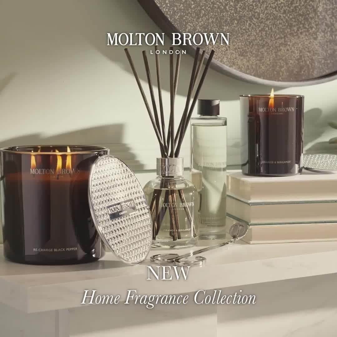 モルトンブラウンのインスタグラム：「Give a warm welcome to our NEW Home Fragrance collection. We've thought of every detail for you to create your signature scented sanctuary. What to love:  1. Scented Candles are made with higher fragrance concentrations  2. A timeless, heritage-inspired design for candles 3. New Refills for Aroma Reeds 4. The collection features our iconic, bestselling scents」