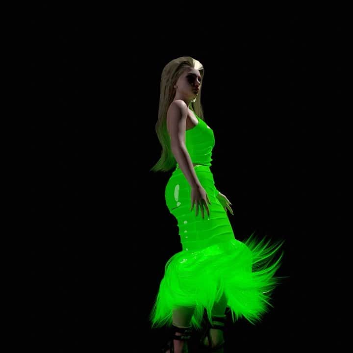 マークファストのインスタグラム：「Enter the Metaverse: The Neon Girlz 💚 in collaboration with @marcinkitty 💚 - - - - - #markfast #neongirlz #bodycon #metaverse #opensea #neon #girlz #meta #ravegirl #gothgirl #nft #nftart #nfts #bandagedress #fringe #model #virtual #internet #ootd #newworld #virtualcatwalk」