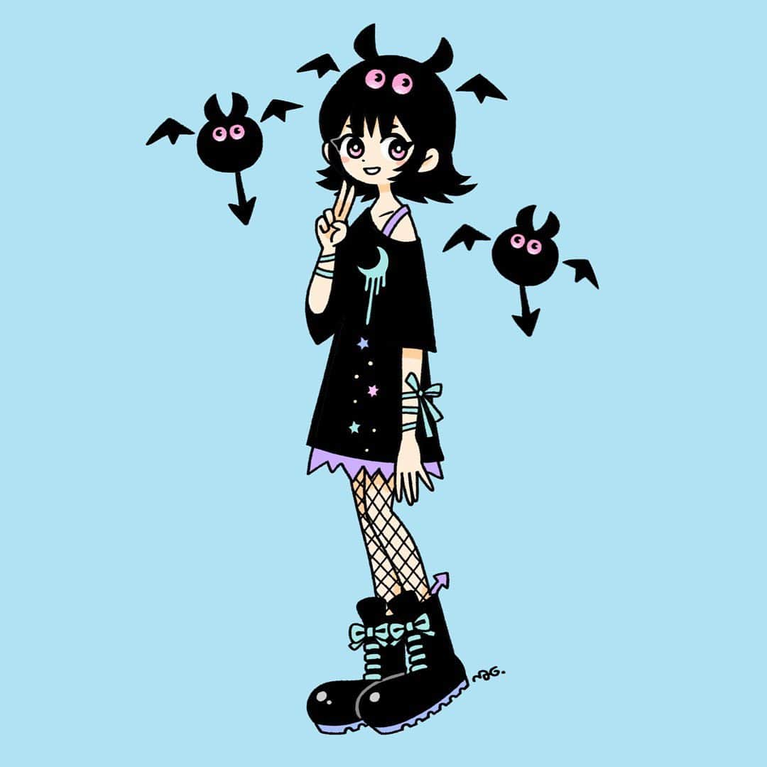 北極まぐのインスタグラム：「コウモリ頭ちゃん／Bat head girl🦇  #illustration #artwork」