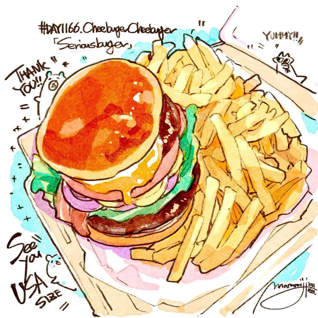 もみじ真魚さんのインスタグラム写真 - (もみじ真魚Instagram)「『#DAY1116.Cheeburger Cheeburger「Serious Burger」/チューバーガーの「シリアスバーガー」』  もみじ真魚/MaoMomiji 2022年6月21日 09:02  「さよならアメリカサイズ」長かった21日間のアメリカ遠征が今日で最終日、日本食が恋しくなってきま反面、アメリカサイズごはんとも当面お別れかと思うとそれも凄く寂しい。また絶対帰ってくるから待っててねアメリカ！  "Goodbye American size" The long 21-day American expedition is the last day of today, and while I miss Japanese food, I feel very lonely when I think that I should say goodbye to American size rice for the time being. I'll definitely be back, so please wait, America!  《再见美国大米》 漫长的21天美国远征今天是最后一天，虽然很想念日本料理，但一想到应该暂时告别美国大米，我就感到很孤独。 我一定会回来的，所以请等一下，美国！  "Adiós tamaño americano" La larga expedición americana de 21 días es el último día de hoy, y aunque extraño la comida japonesa, me siento muy solo cuando pienso que debo decir adiós al arroz tamaño americano por el momento. Definitivamente regresaré, ¡así que espera, América!  #日刊ごはんが好き #foodie #foodieart #dailyilovefood  #毎日更新 #foodillustration #fooddrawing #もみじ真魚 #maomomiji #飯テロ #foodporn #美食 #ハンバーガー #burger」6月22日 1時04分 - maomomiji