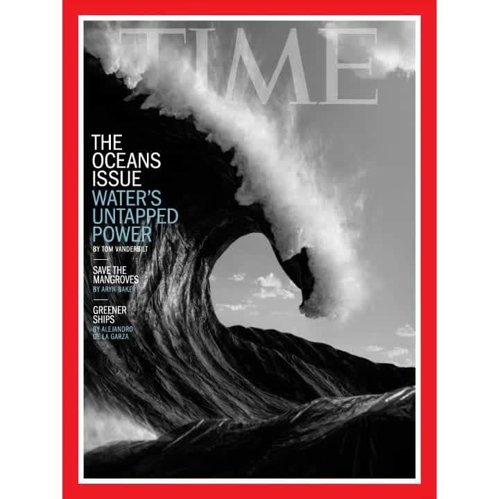 のインスタグラム：「TIME’s new cover: The ocean's untapped power  Rain forests may be known as the planet’s lungs, but it’s when standing before the seas, with their crashing waves and ceaselessly cycling tides, that we feel the earth breathe. The ocean, say scientists, is the source of all life on Earth. It is also, say philosophers, the embodiment of life’s greatest terror: the unknown and uncontrollable.   This duality has become increasingly manifest in the climate discourse of recent years, as ice melts, seas rise, and shores everywhere face storms of a ferocity unseen in living memory. But even as the ocean has become the subject of much hand-wringing over what we’ve wrought, it has also become a keystone of hope that we may limit the damage if we act now.   We can start at the bottom. The floor of the Pacific is littered with the rare metals we need to build the batteries necessary to power carbon-free travel. Moving upward, by harnessing the force of the tides, we could plug another source of renewable energy into our struggling grids. And while we may think of road vehicles as the focus of electric-mobility efforts, decarbonizing maritime shipping may be what really brings the global economy into a green future.   Read more about the potential of unleashing the ocean’s power through the link in our bio. Photograph and sculpture by @hugh__kretschmer__」