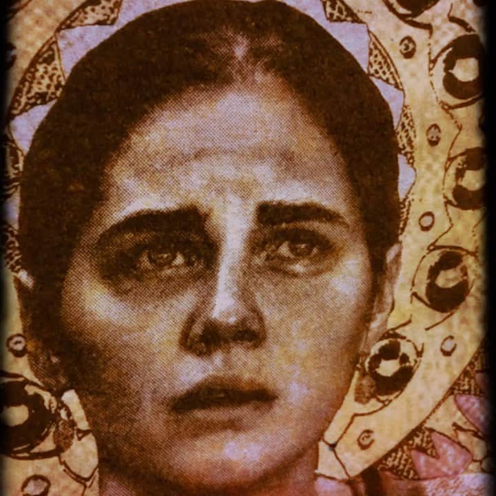 のインスタグラム：「This piece of my friend @amamaknox was done in #nyc with the master @garylichtensteineditions - I call it “The Patron Saint of Injustice” the background is split fountain fades of color done on the press and the image was screen printed onto a material that I can only describe as “shroud-like”. I borrowed religious iconography however there really isn’t any real connection other than wrongful persecution. I suppose it does tie in! Anyway, she has this one and there is only one other and that one is hanging in a hotel lobby somewhere, I’m not sure where I forget!」