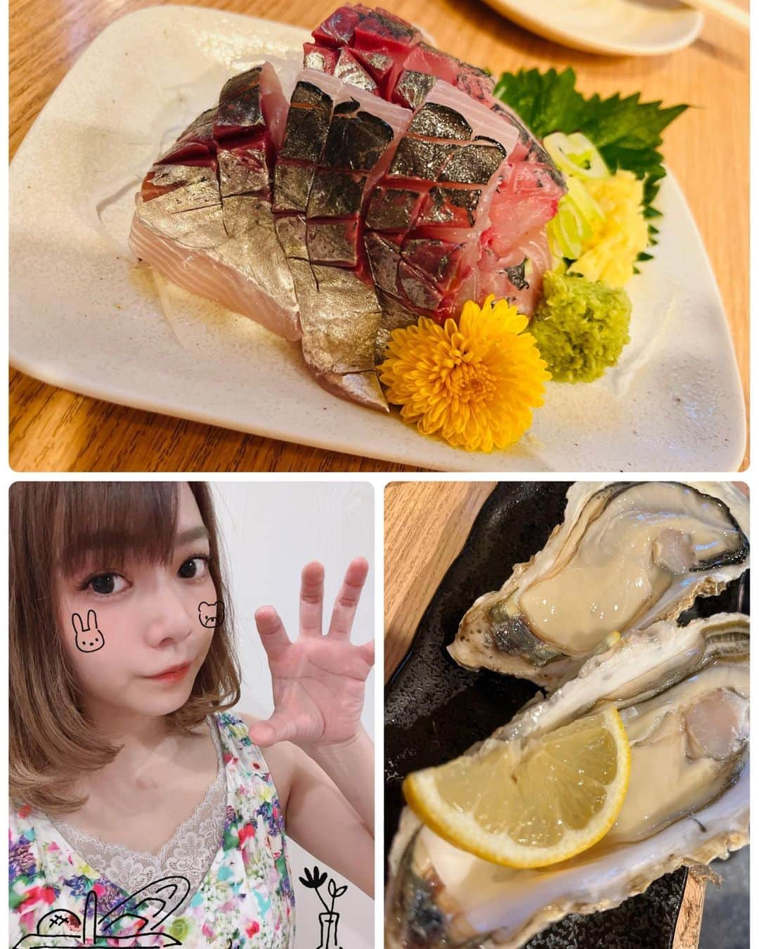 山脇千文美のインスタグラム：「全メニュー美味しくてオススメ🥰 #魚の四文屋 #写真は #アジ #刺身 #と #生牡蠣 #最近  #ハマってる #お店の #1つ　#一緒に #行こ #😍」