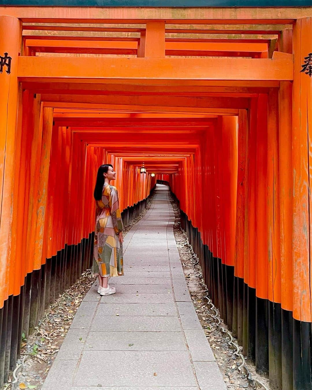 のインスタグラム：「友達と京都旅行に行ってきました☺️ #伏見稲荷大社  タイミング良かったのかな、人が居なくてのんびり歩けました⛩✨  上の方まで行ったら子猫がいて、ずっと歩いてた疲れが吹き飛ぶくらい可愛いかった♡  #猫 #黒猫 #子猫 #cat #kitten #神社 #神社巡り #鳥居 #千本鳥居 #女子旅」