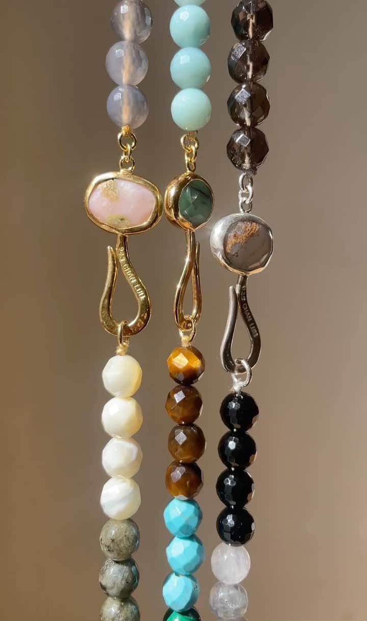 チャンルーのインスタグラム：「The ultimate layering necklace: Our new Odyssey Necklaces are made with semi-precious gemstone beads and hooks embellished with #pinkopal #emerald and #bluechalcedony」