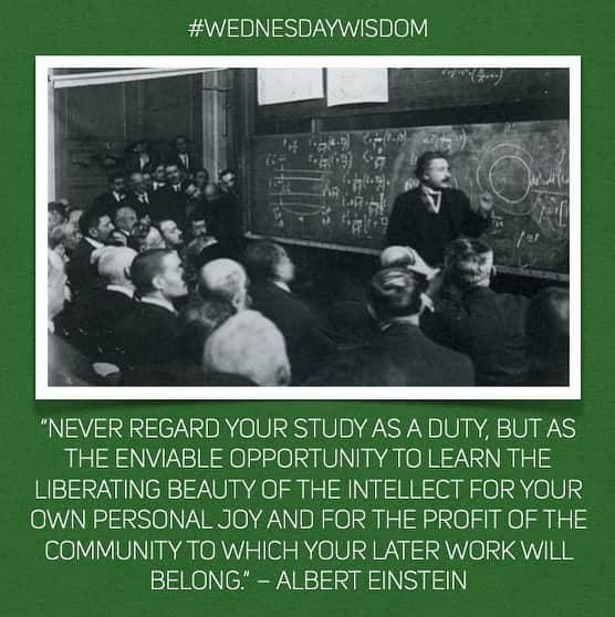 アルベルト・アインシュタインのインスタグラム：「#WednesdayWisdom: “Never regard your study as a duty, but as the enviable opportunity to learn the liberating beauty of the intellect for your own personal joy and for the profit of the community to which your later work will belong.” – Albert Einstein」