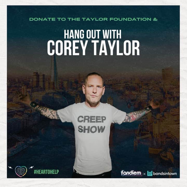 コリィ・テイラーのインスタグラム：「It's Corey here, there's still time to donate for a chance to hang out with me in London!  Your donations will go towards my newly formed The Taylor Foundation, which supports and uplifts military veterans and emergency personnel living with Post-Traumatic Stress Disorder (PTSD).   Donate to Win using the code COREY100 at checkout for 100 BONUS ENTRIES at fandiem.com/coreytaylor or with 🔗 in bio.  #heartohelp @winwithfandiem @bandsintown」
