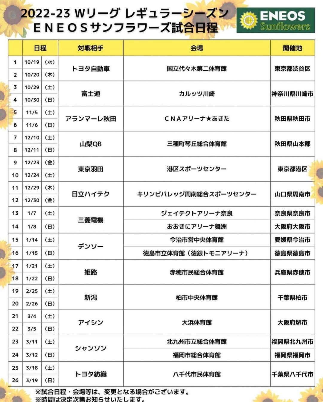 林咲希のインスタグラム：「2022-2023 ENEOSサンフラワーズ試合日程🌻 ここ数年地方に行くこともなかなか出来なかったから皆さんに会えると思うと楽しみです！！    今シーズンは福岡で試合が開催されますように🥺 #ENEOSサンフラワーズ #wリーグ 　　　　　　　　　　　　　　　　　　　　　　　　  リハビリの段階で不安になることもありますがいい形で戻ってこれるよう頑張ります！！ 　　　　　　　　　　　　　　　　　　　　　　　 暑い日が続いてますね😵 みなさん体調には気をつけて」
