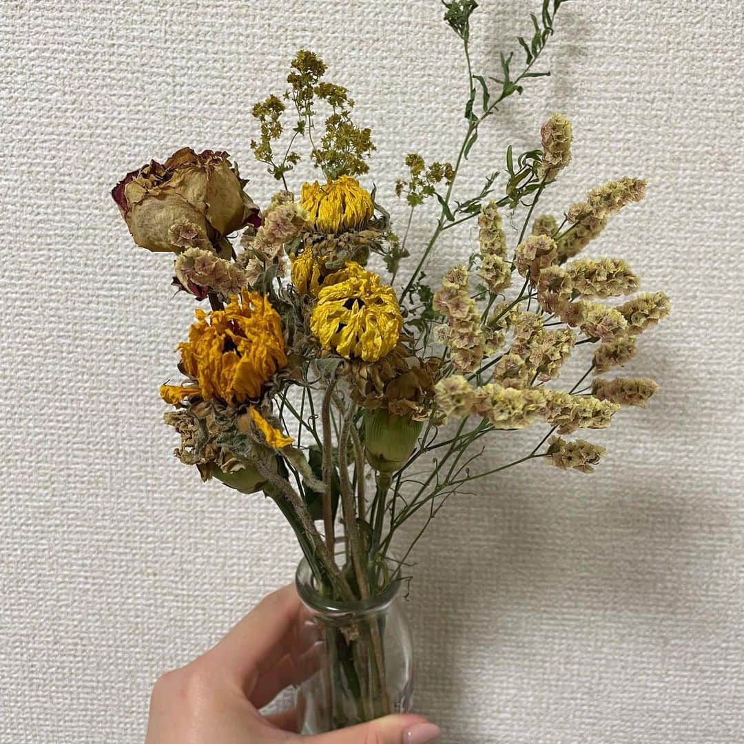 風吹ケイのインスタグラム：「以前イベントでいただいたお花をドライフラワーにしてみました🌻 #ドライフラワー #ひまわり」