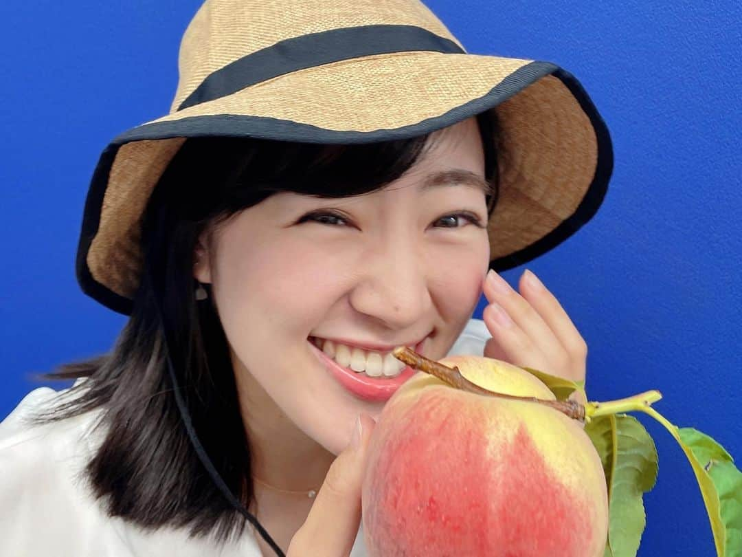 大谷萌恵のインスタグラム：「桃の出荷始まりました🍑  葉っぱつき！！特別感  取材に伺った際、スタジオ撮影用にいただきました。  早く食べたいけど 食べごろまでもう少し我慢する😐  #夏の味覚 #新潟市南区 #白根 #JA新潟かがやき #青山さんの果樹園 #TeNY #テレビ新潟 #大谷萌恵」