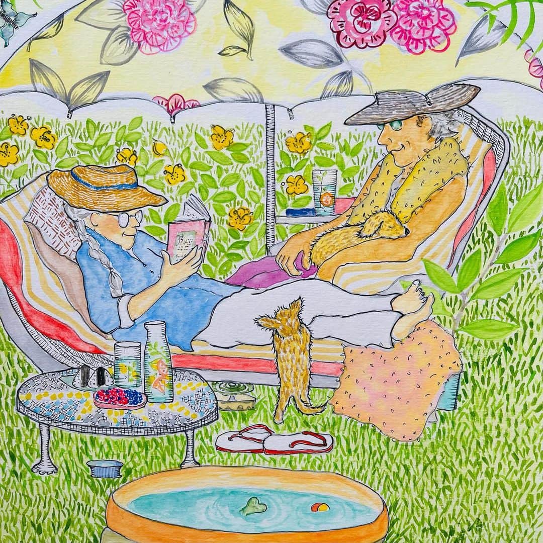 のインスタグラム：「こちらのイラストのもう１つのバージョンは「Anna's cookbook 季節の食卓」(株)主婦と生活社、に乗っています。2枚の中どちをのせるかはしばらく迷いました🤔 I made 2 summer illustrations for my recent “Anna’s cookbook kisetsu no shokutaku". This is 'the other one'☺️and it's not included in the book📙  🕊Peace & Kindness, may all your dreams come true🕊  #ayukihouse_illustration #summer #夏 #イラスト #watercolor #水彩 #hobby #趣味  #summercolors #夏色　#annascookbook_kisetsu」