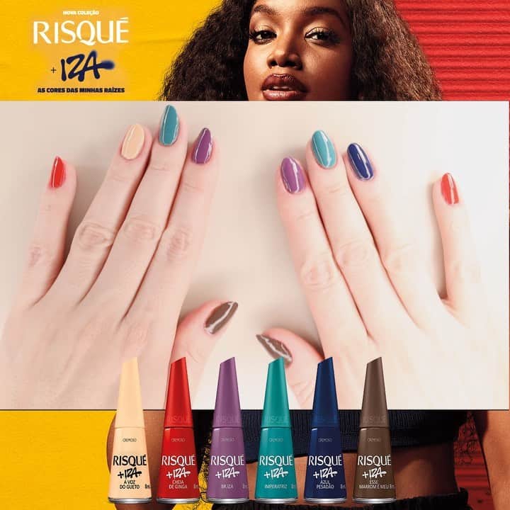 Risqueのインスタグラム：「Conheça as seis novas cores da nova coleção Risqué + @iza: #AsCoresDasMinhasRaizes para você usar e expressar para o mundo o orgulho da sua trajetória! Disponível na lojacoty.com.br/risque  📸 @daniele_honorato | @unhabonita  #TáNasNossasMãos #EsmaltesRisqué #RisquéOficial #RisquéIza #Iza」