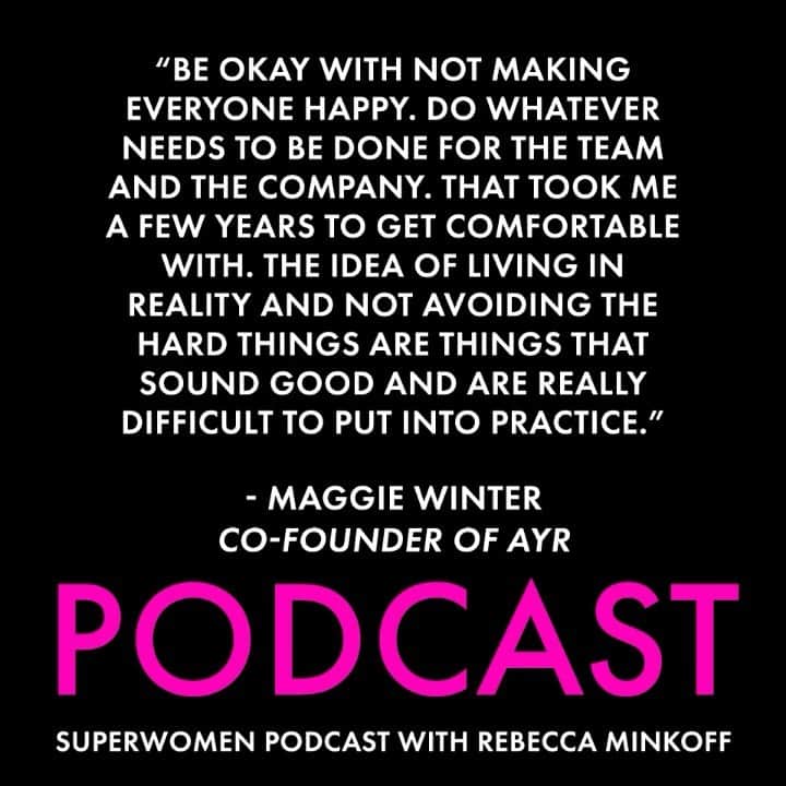 レベッカミンコフのインスタグラム：「Maggie Winter learned a lot from overhearing the CEO’s weekly meetings at her post-grad job for J. Crew. This information came in handy when she was approached to start a project that then became its own independent brand, @ayr. AYR is a sustainable clothing brand, and Maggie has played all of the roles in her company at one point or another. Tune in to todays episode to hear Maggie explain how a leader’s time is best served in their areas of strength and passion.」