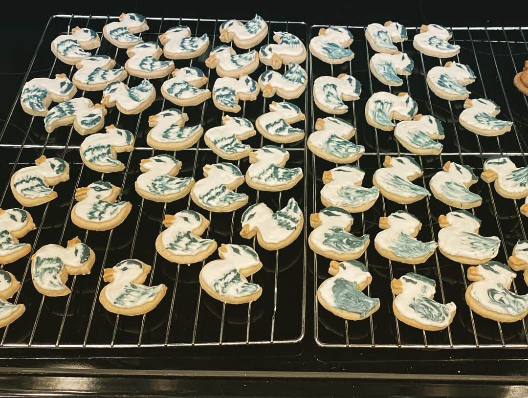 ケイ・パナベイカーのインスタグラム：「Despite having “baker” in my last name, I’m not very good at baking. It always takes me so long (about 6 hours to make these, not including the decoration) and they’re usually either under or over done. But these turned out so well!! My friend and I did these for our coworkers. Feel free to compare to our cookies from January 2016. I’d say our skills have gotten better. And the taste was fantastic! The icing consistency needed some work and didn’t have enough flavor, for my preferences. But it was good to sit, chat, and decorate our feelings.」