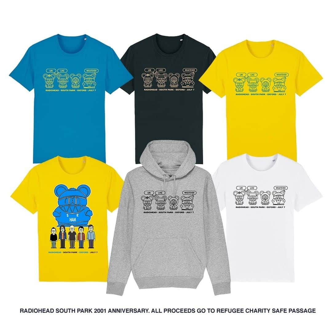 Radioheadのインスタグラム：「The T-shirts at our South Park show in 2001 used a design specially gifted to us by the more famous @southpark namesake. We are re-issuing them for a limited time - get yours at the link in bio. Like everything from the original show, all proceeds will go to a deserved cause and this time it will be: @safepassageuk」