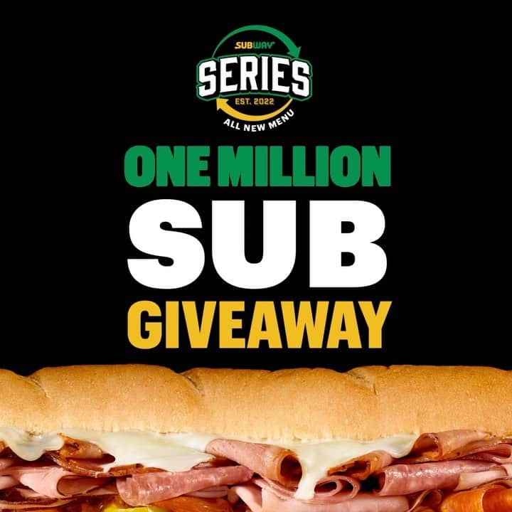 Official Subwayのインスタグラム：「Is giving away 1 million subs from our new Subway® Series Menu in just 2 hours ambitious? Yeah… But that’s not gonna stop us. Be the first of 50 to your local Subway (between 10am - noon) and get a FREE 6 inch sub of your choice from the all-new menu.. See you 7.12.22  . . .  1 per person. While supplies last. Add-ons addt’l. No substitutions. No addt’l discounts/coupons applied. In-restaurant only.」