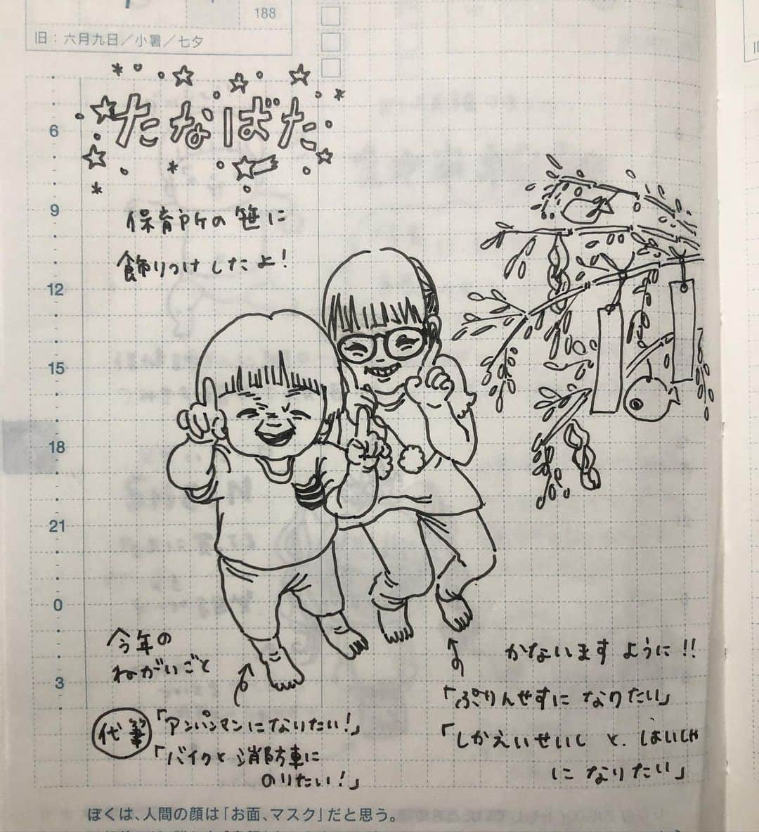 misaさんのインスタグラム写真 - (misaInstagram)「#ほぼ日 #ほぼ日手帳  #ほぼ日絵日記 #絵日記 #育児日記 #育児絵日記 #hobonichi  #イラスト #illust#呉竹 #クリーンカラー#5歳#1歳9ヶ月」7月9日 21時45分 - m_hobonichi