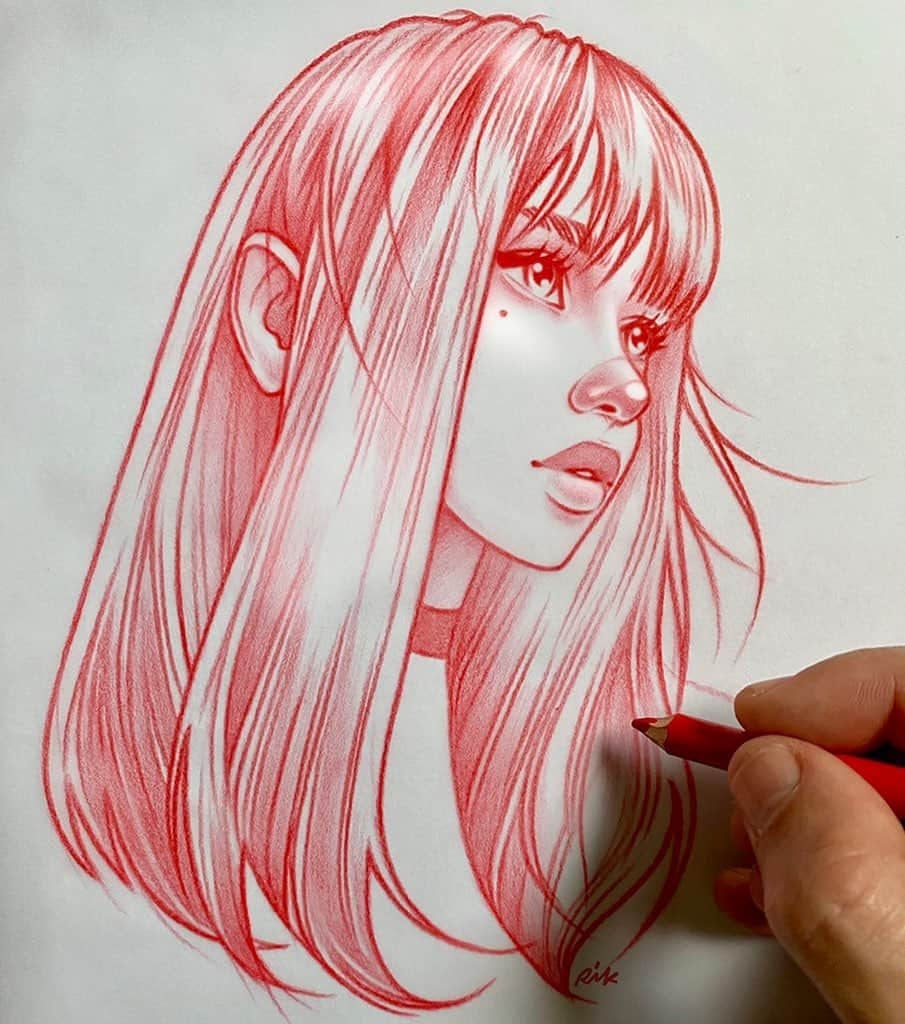 Rik Leeのインスタグラム：「Sketchy new beginnings ✏️❤️‍🔥 . #riklee #illustration #sketch #pencildrawing #portrait #bangs」