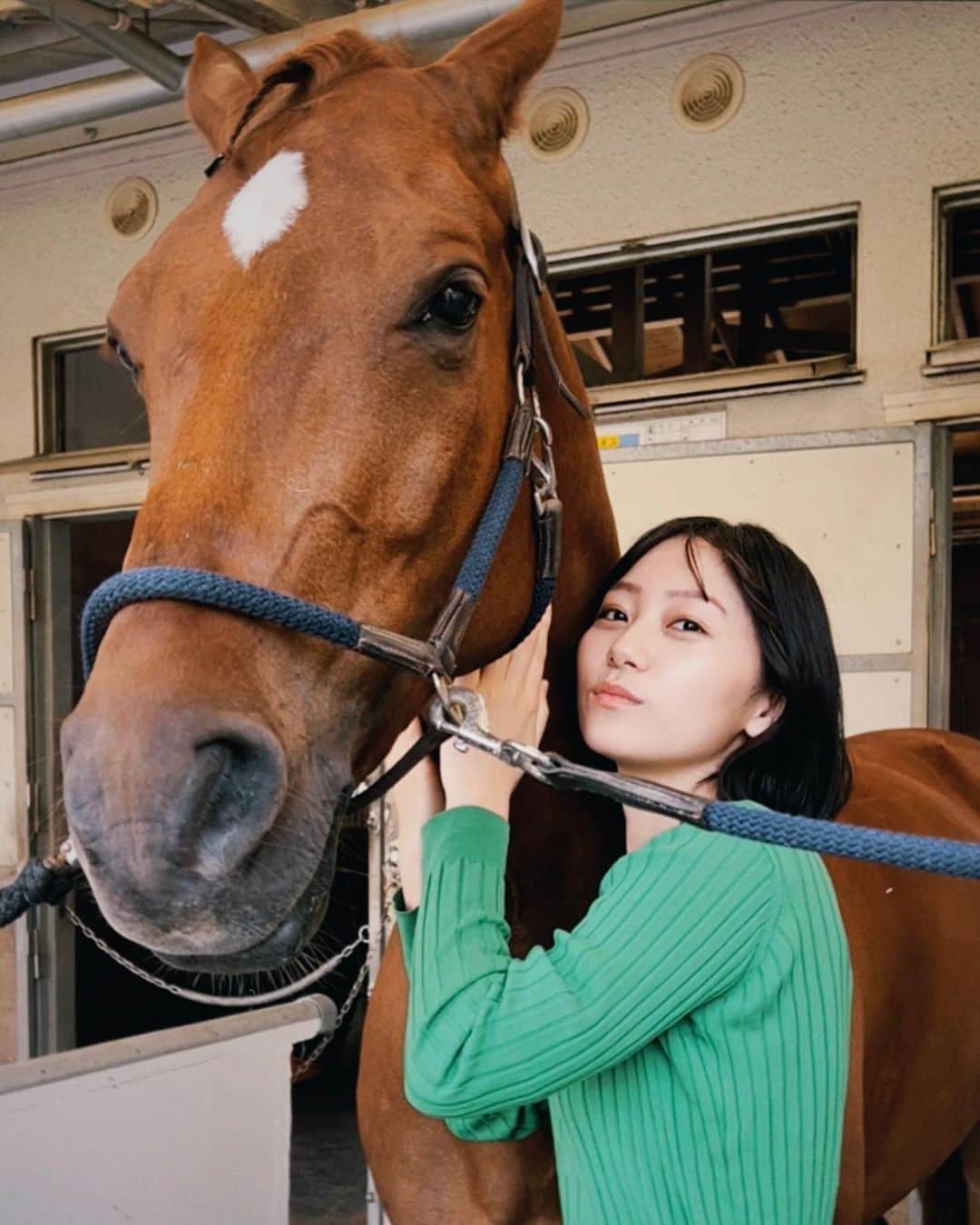 工藤綾乃のインスタグラム：「学研ネット シゴトのトビラ 今回はジョッキーのお仕事 みてね🤍 乗馬体験もさせて頂きました とにかくお馬さんたちが本当に可愛くて、、🥺❤️ 撮影でも癒されてました」