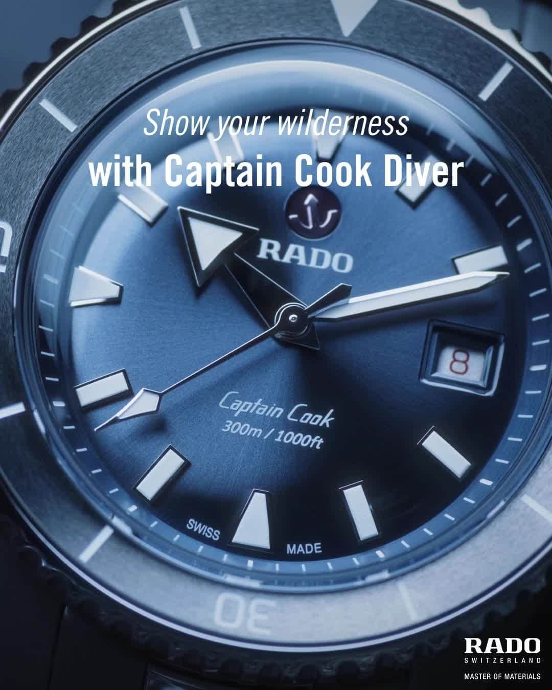 ラドーのインスタグラム：「Are you ready to show us your wilderness? With our #CaptainCookDiver filter, you can try on the models of the collection and see which one looks best on your wrist. The Rado world is waiting for you: get ready to dive in!  #RadoCaptainCookDiver #Feelit #diverwatches」