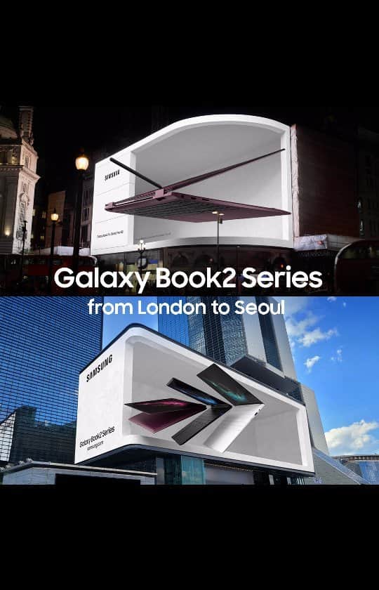 Samsung Mobileのインスタグラム：「Tired of the same old laptop? Then you have probably not met the Galaxy Book. Introducing the Galaxy Book2 Series: #GalaxyBook2Pro360 and #GalaxyBook2Pro.  Our 3D Galaxy Book2 Series lit up the skies of London Piccadilly and Seoul Coex. The most versatile laptop ever is here to redefine the standards for computing, with its thin & light design, enhanced 5G capabilities and a mighty 12th Gen Intel® Core™ processor. #IntelEvo  Enjoy the new way to PC.  Learn more: smsng.co/GalaxyBook2Series」