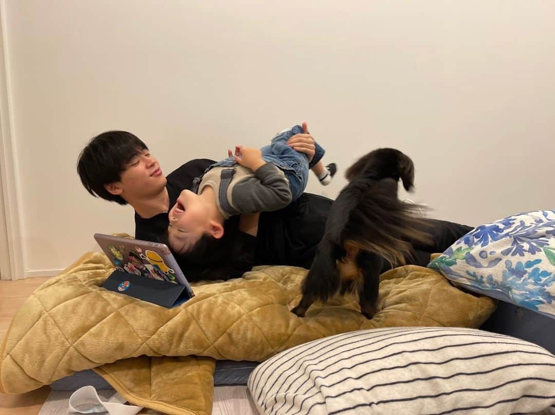 すしらーめん《りく》のインスタグラム：「アクロバティックYouTube視聴 #犬 #兄弟」